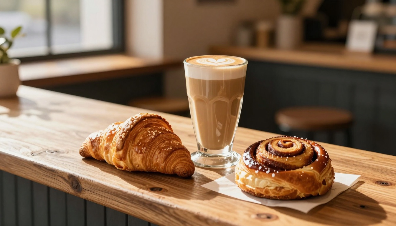 KI-generiertes Café-Motiv: Latte und Gebäck auf einer Holztheke