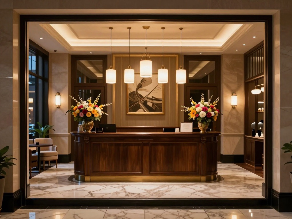 KI-generiertes Hotellobby-Motiv für einen Willkommensbildschirm