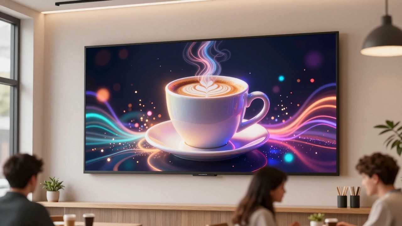 Digital-Signage-Bildschirm in einem Café mit einem KI-generierten Motiv