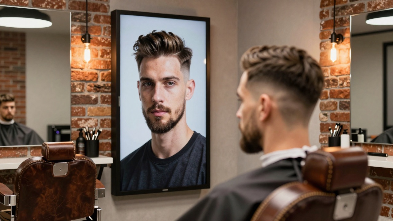 Barbershop-Interieur mit einem vertikalen Bildschirm, der ein KI-generiertes Porträt eines frischen Haarschnitts zeigt