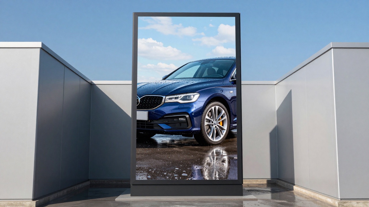 Kleine Autowaschanlage an einem sonnigen Tag mit einem vertikalen Straßenbildschirm, der ein KI-generiertes glänzendes Auto zeigt