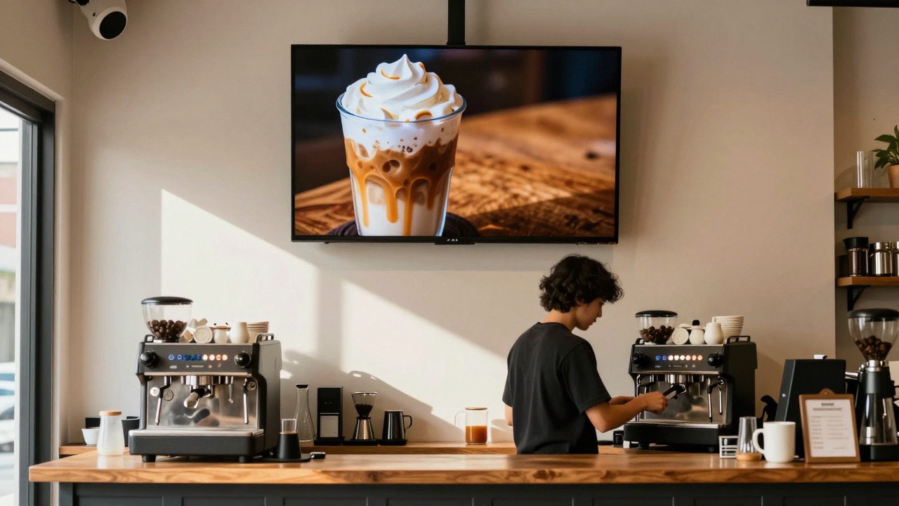 Kleines Café mit einem Fernseher über der Theke, der ein KI-generiertes Getränkemotiv zeigt