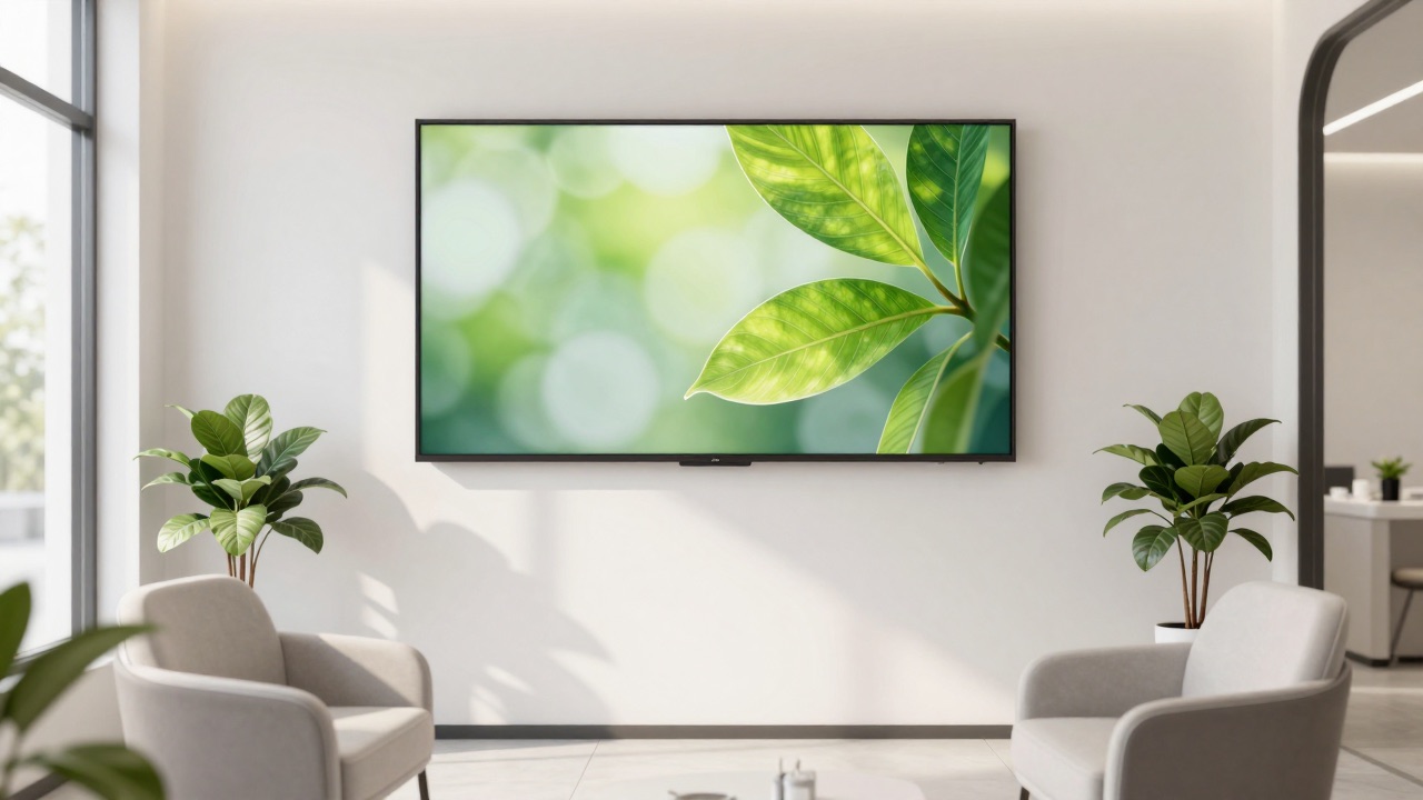 Helles Wartezimmer einer Zahnarztpraxis mit einem Wandbildschirm, der ein ruhiges KI-generiertes Naturmotiv zeigt